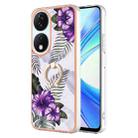 For Honor X7b 4G / 5G Electroplating Pattern IMD TPU Shockproof Case with Rhinestone Ring Holder(Purple Flower) - 1