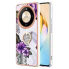 For Honor X9b Electroplating Pattern IMD TPU Shockproof Case with Rhinestone Ring Holder(Purple Flower) - 1