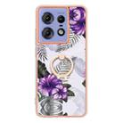 For Motorola Edge 50 Pro Electroplating Pattern IMD TPU Shockproof Case with Rhinestone Ring Holder(Purple Flower) - 2