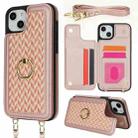 For iPhone 14 Plus / 15 Plus Double Bckle Card Slot Full Coverage Phone Case with Cross-body Strap(Rose Gold) - 1