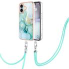 For iPhone 16 Plus Electroplating Marble Dual-side IMD Phone Case with Lanyard(Green 003) - 1