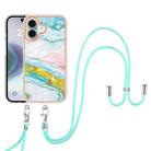 For iPhone 16 Plus Electroplating Marble Dual-side IMD Phone Case with Lanyard(Green 004) - 2