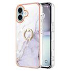 For iPhone 16 Plus Electroplating Marble IMD TPU Phone Case with Ring Holder(White 006) - 1