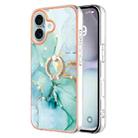 For iPhone 16 Plus Electroplating Marble IMD TPU Phone Case with Ring Holder(Green 003) - 1