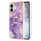 For iPhone 16 Plus Electroplating Marble IMD TPU Phone Case with Ring Holder(Purple 002) - 1