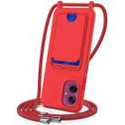 For Motorola Moto G55 Integrated Card Bag Solid Color Liquid Silicone Phone Case with Lanyard(Red) - 1