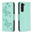 For Samsung Galaxy S25+ 5G Embossing Two Butterflies Pattern Leather Phone Case(Green) - 1