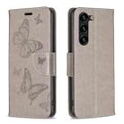 For Samsung Galaxy S25+ 5G Embossing Two Butterflies Pattern Leather Phone Case(Grey) - 1