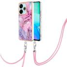 For Redmi 13 4G Electroplating Marble Dual-side IMD Phone Case with Lanyard(Pink 013) - 1