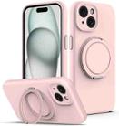 For iPhone 15 Plus Liquid Silicone MagSafe Phone Case with Rotating Holder(Pink) - 1