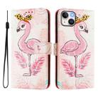 For iPhone 15 Plus Art Colored Drawing Pattern Leather Phone Case(Flamingo) - 3