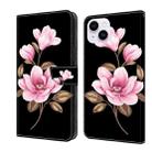 For iPhone 15 Fresh Painted Leather Phone Case(Black Flowers) - 1