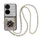 For Huawei P50 Pocket Camellia Plaid Fabric PC Phone Case with Long Lanyard(White) - 1