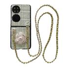 For Huawei P50 Pocket Camellia Plaid Fabric PC Phone Case with Long Lanyard(Green) - 1