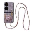 For Huawei P50 Pocket Camellia Plaid Fabric PC Phone Case with Long Lanyard(Purple) - 1