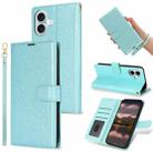 For iPhone 16 Plus Peony Flowers Imprint Leather Phone Case(Sky Blue) - 1