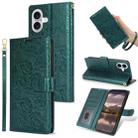 For iPhone 16 Peony Flowers Imprint Leather Phone Case(Green) - 1