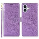 For iPhone 16 Peony Flowers Imprint Leather Phone Case(Purple) - 2