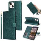 For iPhone 15 Plus Peony Flowers Imprint Leather Phone Case(Green) - 1