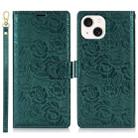 For iPhone 15 Plus Peony Flowers Imprint Leather Phone Case(Green) - 2