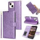 For iPhone 15 Plus Peony Flowers Imprint Leather Phone Case(Purple) - 1