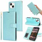 For iPhone 15 Peony Flowers Imprint Leather Phone Case(Sky Blue) - 1