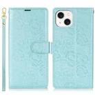 For iPhone 14 Plus Peony Flowers Imprint Leather Phone Case(Sky Blue) - 2