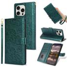 For iPhone 14 Pro Peony Flowers Imprint Leather Phone Case(Green) - 1