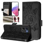 For Motorola Moto G05 Embossed Rose RFID Anti-theft Leather Phone Case(Black) - 1