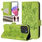 For Motorola Moto G15 Embossed Rose RFID Anti-theft Leather Phone Case(Green) - 1