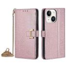 For iPhone 15 Plus POLA Crossbody Chain I-Shape Buckle Sequins Leather Phone Case(Rose Gold) - 1