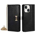 For iPhone 15 Plus POLA Crossbody Chain I-Shape Buckle Sequins Leather Phone Case(Black) - 1