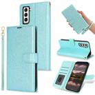 For Samsung Galaxy S21 FE 5G Peony Flowers Imprint Leather Phone Case(Sky Blue) - 1