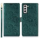 For Samsung Galaxy S21 5G Peony Flowers Imprint Leather Phone Case(Green) - 2