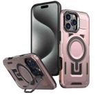 For iPhone 15 Pro Shield Hollow Frame Holder MagSafe Phone Case(Rose Gold) - 1