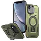 For iPhone XR Shield Hollow Frame Holder MagSafe Phone Case(Olive Green) - 1