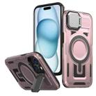 For iPhone 15 Plus Shield Frame Holder MagSafe Phone Case(Rose Gold) - 1