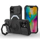 For iPhone 16 Plus Camera Shield Armor MagSafe Holder Phone Case with Strap(Black) - 1