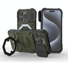 For iPhone 15 Pro Max Camera Shield Armor MagSafe Holder Phone Case with Strap(Dark Green) - 1