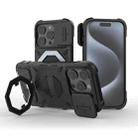 For iPhone 15 Pro Camera Shield Armor MagSafe Holder Phone Case with Strap(Black) - 1
