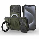 For iPhone 15 Pro Camera Shield Armor MagSafe Holder Phone Case with Strap(Dark Green) - 1
