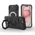 For iPhone 15 Plus Camera Shield Armor MagSafe Holder Phone Case with Strap(Black) - 1