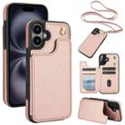 For iPhone 16 Crossbody Dual-Buckle Wallet Back Leather Phone Case(Rose Gold) - 1