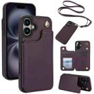 For iPhone 16 Crossbody Dual-Buckle Wallet Back Leather Phone Case(Dark Purple) - 1