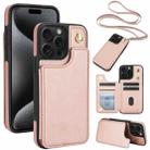 For iPhone 15 Pro Max Crossbody Dual-Buckle Wallet Back Leather Phone Case(Rose Gold) - 1