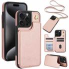 For iPhone 15 Pro Crossbody Dual-Buckle Wallet Back Leather Phone Case(Rose Gold) - 1