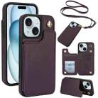 For iPhone 15 Plus Crossbody Dual-Buckle Wallet Back Leather Phone Case(Dark Purple) - 1