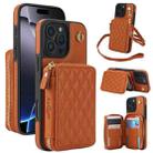 For iPhone 16 Pro Max AwQuer Crossbody Zipper Wallet Rhombic Leather Back Phone Case(Brown) - 1