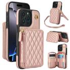 For iPhone 16 Pro AwQuer Crossbody Zipper Wallet Rhombic Leather Back Phone Case(Rose Gold) - 1