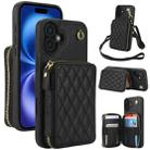 For iPhone 16 Plus AwQuer Crossbody Zipper Wallet Rhombic Leather Back Phone Case(Black) - 1